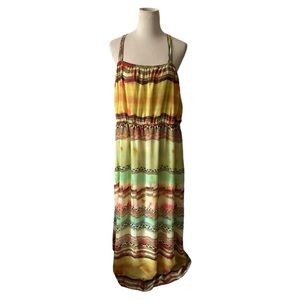 Lane Bryant Maxi Dress 22/24 Yellow Striped Aztec Spaghetti Straps Empire Waist